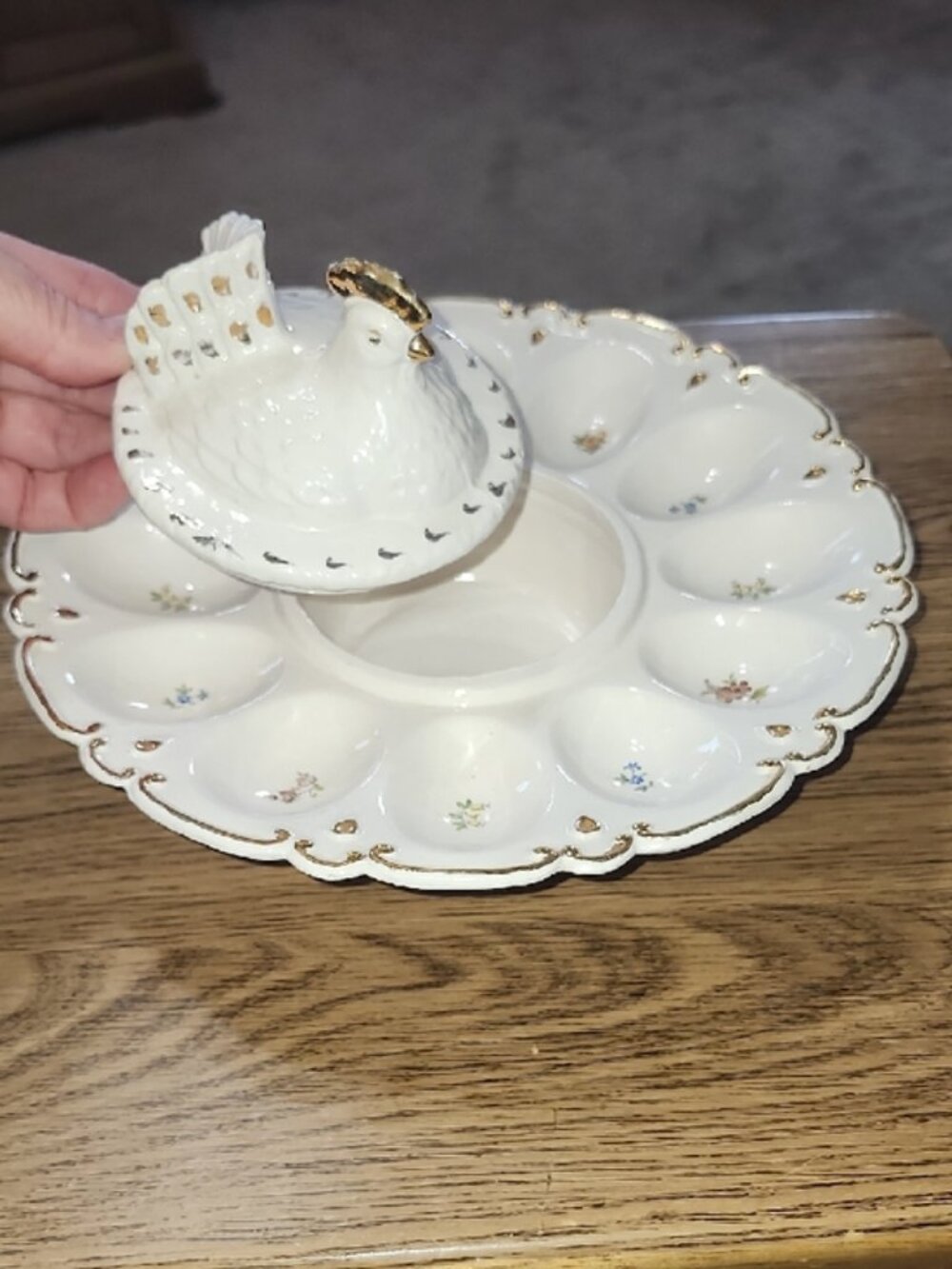 SFA Pottery 1961 vintage deviled egg tray platter chicken lid cover gold trim